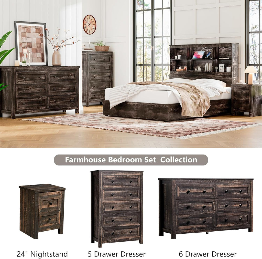 LUXOAK Farmhouse Bedroom Furniture 4 Pieces, 1 X Wood Rustic 6 Drawer Storage Dresser, 1 X 5 Drawer Dresser, Nightstand Set of 2 with Charging Station, Farmhouse Bedroom Set, Black