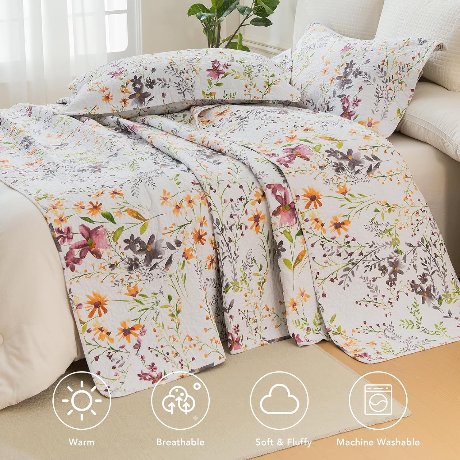 Lady Ann 100% Cotton Quilt Sets Queen, Yellow Flower Botanical Pattern Printed Quilted 102x118 Bedspread Set,Vintage Coverlet Ultra Soft Bedspread Set with Pillow Shams Al Season,3 PCS