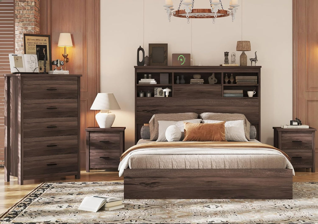 Merax 4-Pcs Queen Size Bed Frame & Dresser & 2 Night Stand Bedroom Set, Platform Bed with USB Charging Ports Storage Headboard, Cabinet Dresser with 5 Drawers, Nightstands, Wooden, Dark Walnut