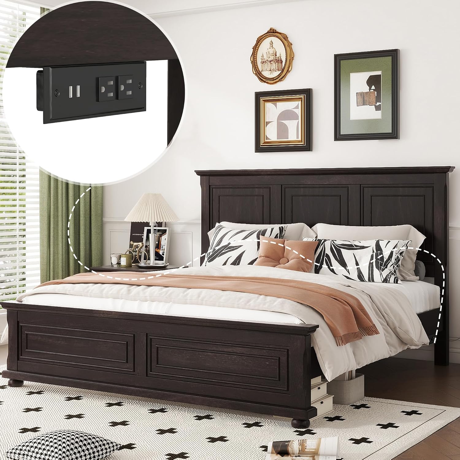 Wood Bed Frame King with Tall Headboard & Footboard, Traditional King Panel Bed with USB Charging Station for Bedroom, Guest Room, Easy Assembly, No Box Spring Required,Brown