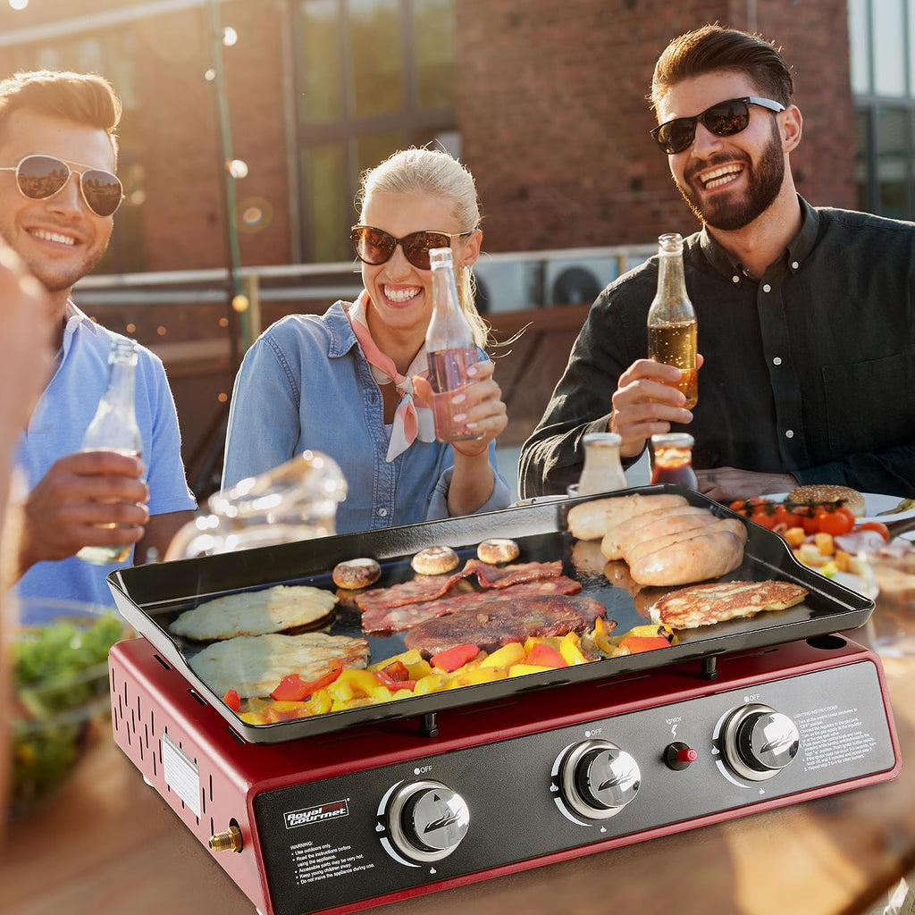 Royal Gourmet PD1301R 3 Burner Tabletop Propane Gas Griddle with Cover, 24 Inch Portable Griddle with 25,500 BTUs Output for Outdoor Cooking While Camping or Tailgating, Red