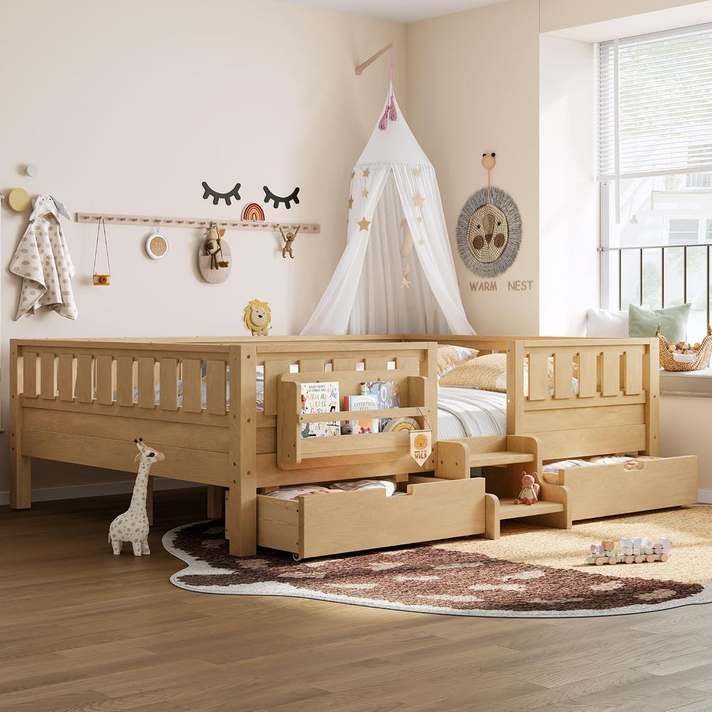 Bellemave Queen Size Bed with Slats and Stairs, Queen Size Platform Bed Frame with Fence, Bookshelf and Storage Drawers, Easy Assemble Beds for Girls, Boys, Light Natural