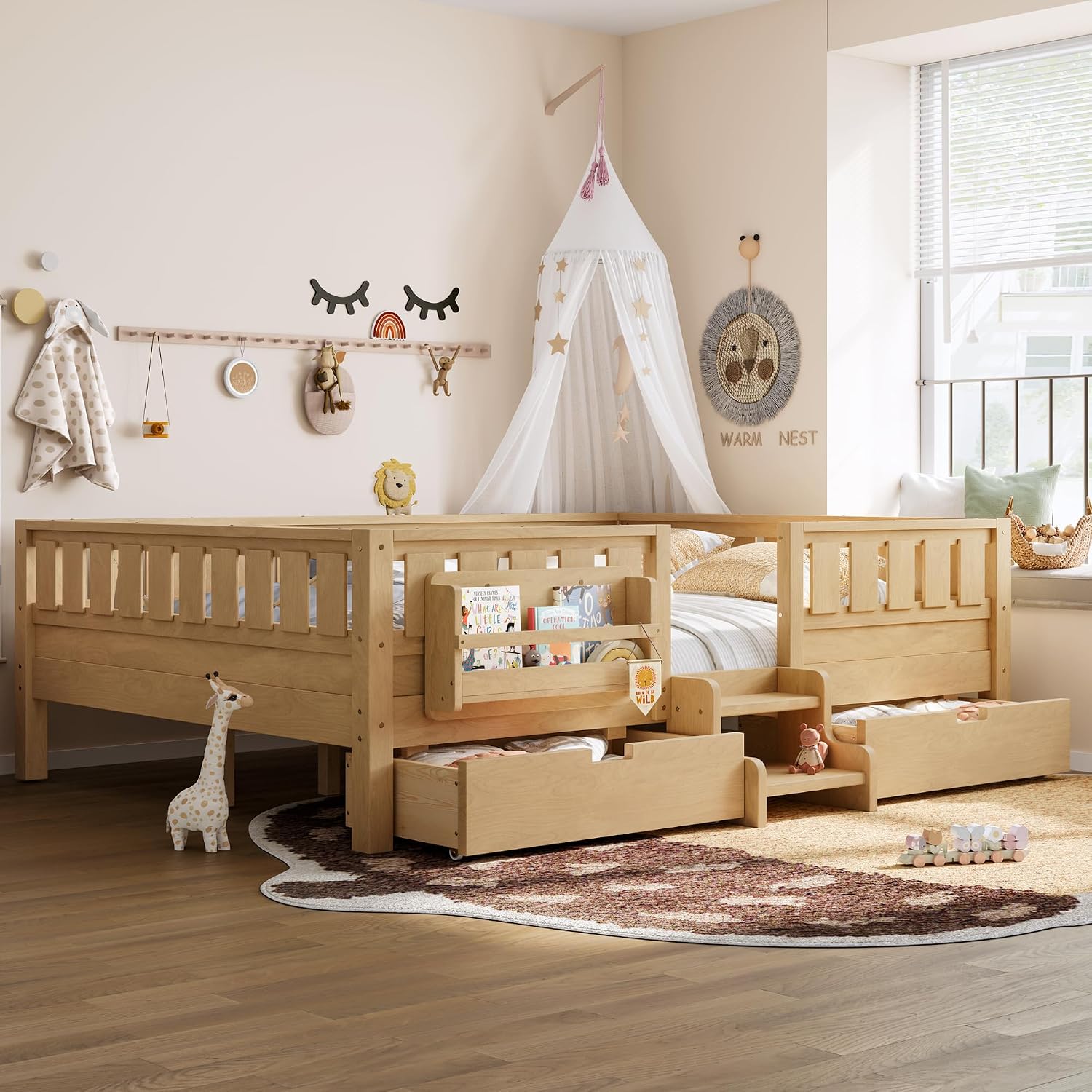 Bellemave Queen Size Bed with Slats and Stairs, Queen Size Platform Bed Frame with Fence, Bookshelf and Storage Drawers, Easy Assemble Beds for Girls, Boys, Light Natural