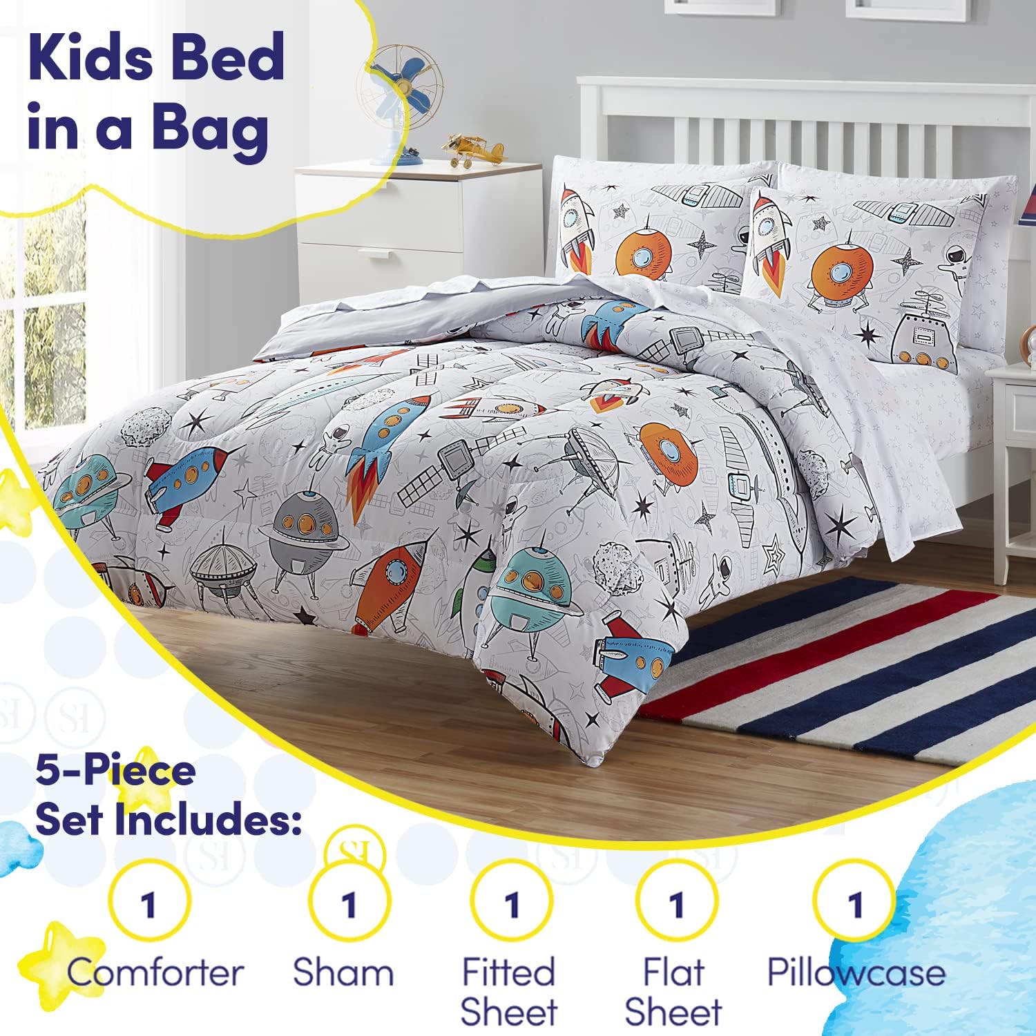 Kids Bedding Set Bed in a Bag for Boys and Girls Toddlers Printed Sheet Set and Comforter, Twin, Floating in Space (Pack of 4)