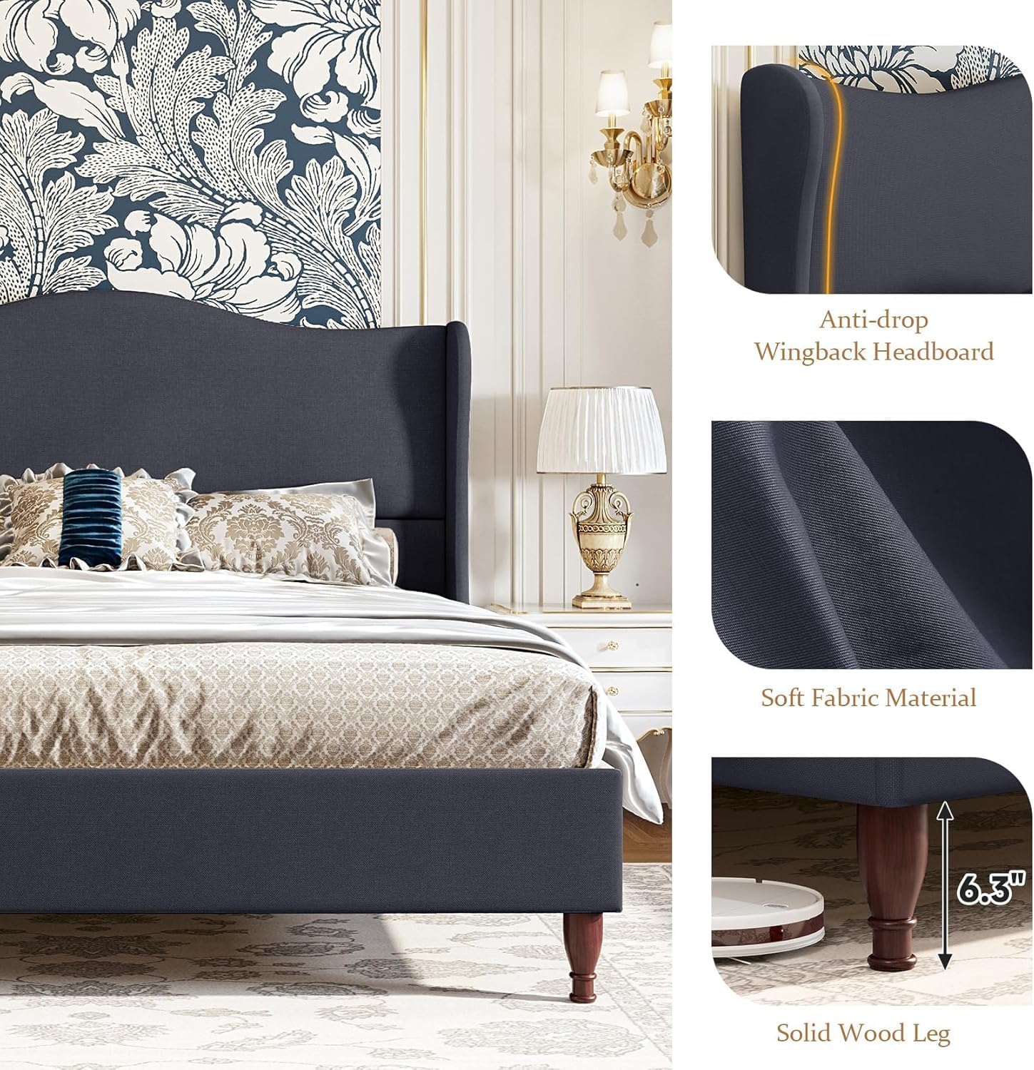 koorlian Full Size Bed Frame Upholstered Platform Bed with 51'' Tall Fabric Headboard and Wooden Slats Support, Retro Minimalist Style/Fully Upholstered/Easy Assembly, Dark Navy