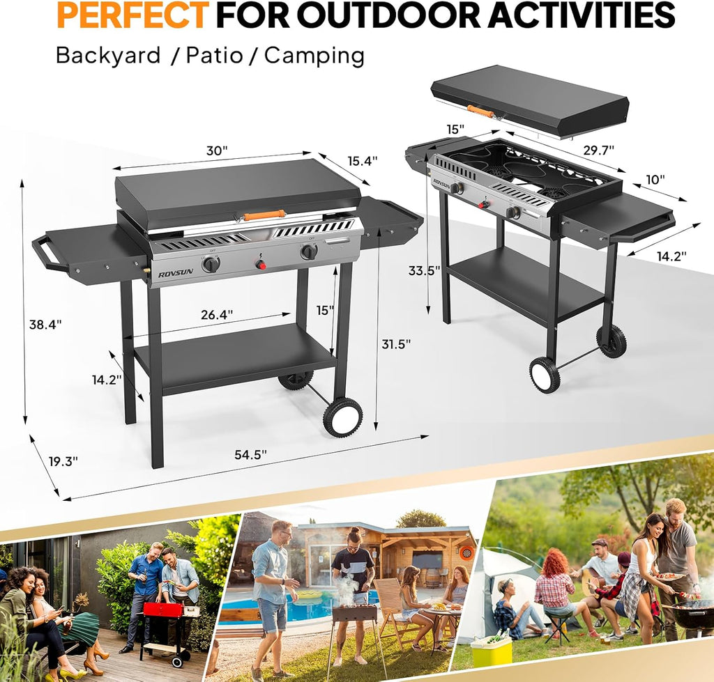 ROVSUN 2-in-1 Propane Stove & 30'' Griddle Combo with Ignition, 2 Burner 150,000 BTU Gas Stove & Grill with Side Shelves, Rolling Wheel & Regulator for Home Outdoor Backyard Camping Cooking Grilling