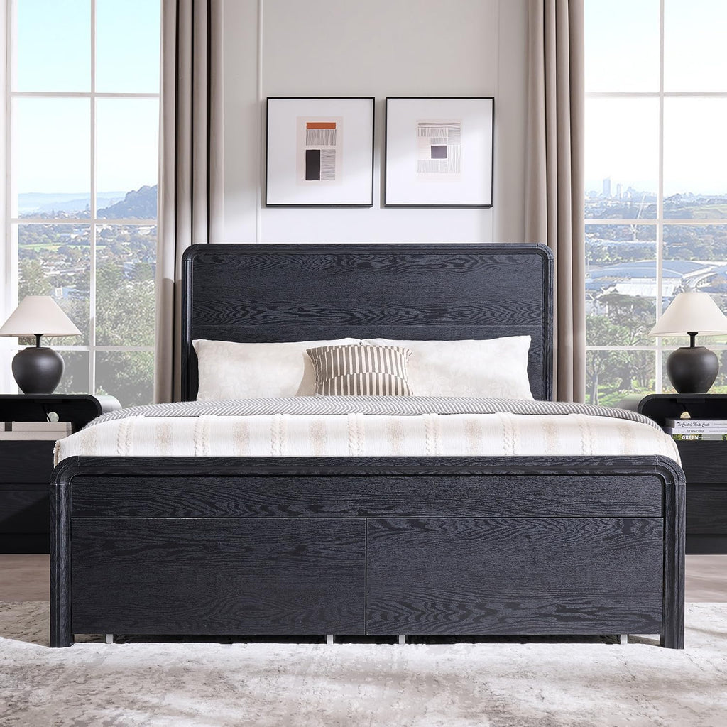 Aitjunz Modern Queen Size Bed Frame with 50' Tall Headboard, Wood Queen Size Platform Bed Frame w/3 Storage Drawers, Curved Profile Design, Wood & Steel Platform Bed, No Box Spring Needed, Black