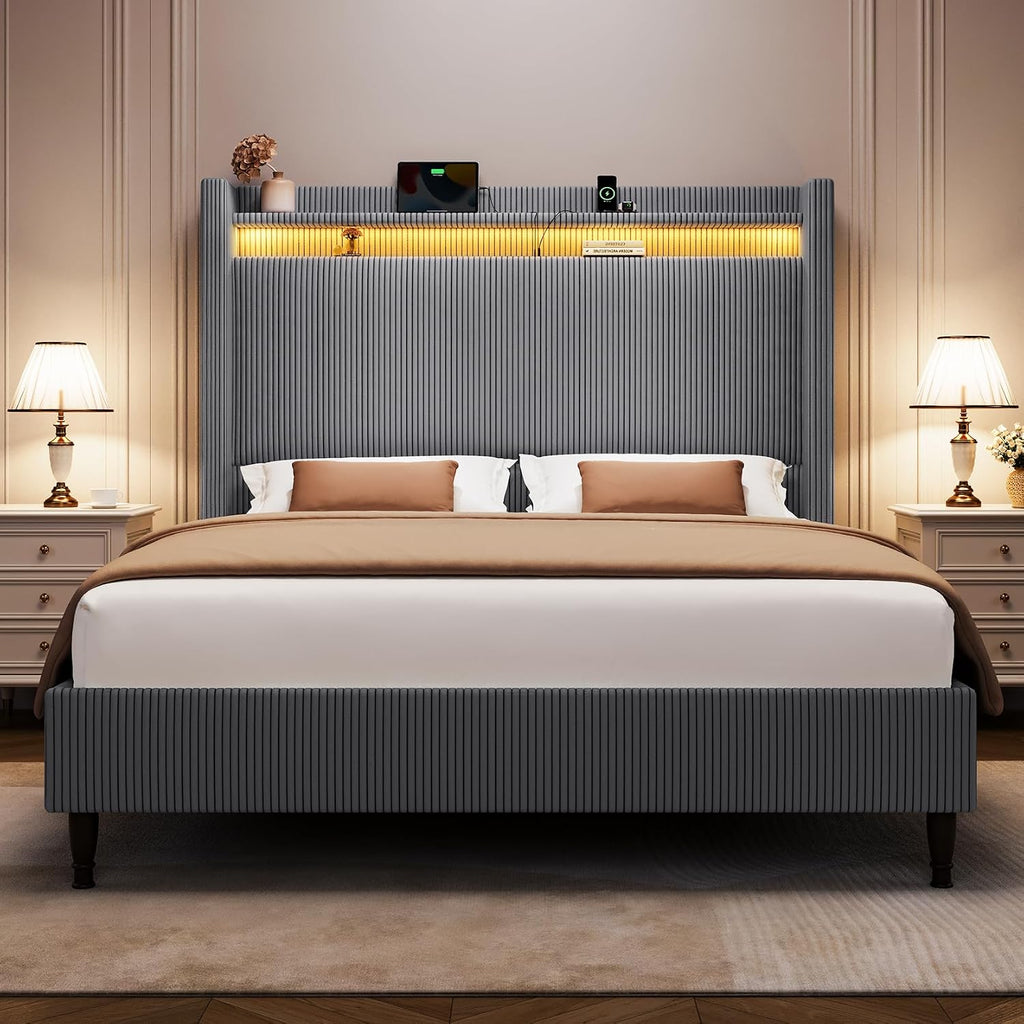 Queen Bed Frame with Tall Headboard, 55.3' Upholstered Platform Bed with LED Lights & Charging Station, Elegant Corduroy Bedframe, 2-tier Storage Wingback Headboard, No Box Spring Needed, Dark Grey