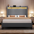 Queen Bed Frame with Tall Headboard, 55.3' Upholstered Platform Bed with LED Lights & Charging Station, Elegant Corduroy Bedframe, 2-tier Storage Wingback Headboard, No Box Spring Needed, Dark Grey