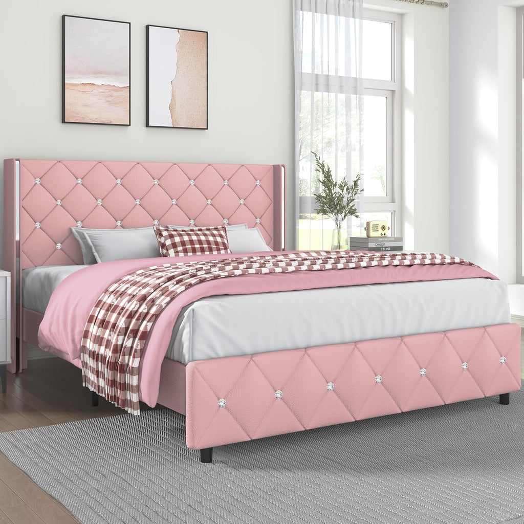 Lullabyre Queen Size Bed Frame, Upholstered Bed Frame with Diamond Tufted Headboard, Modern Silverside Wingback, No Box Spring Needed, Easy Assembly, Pink