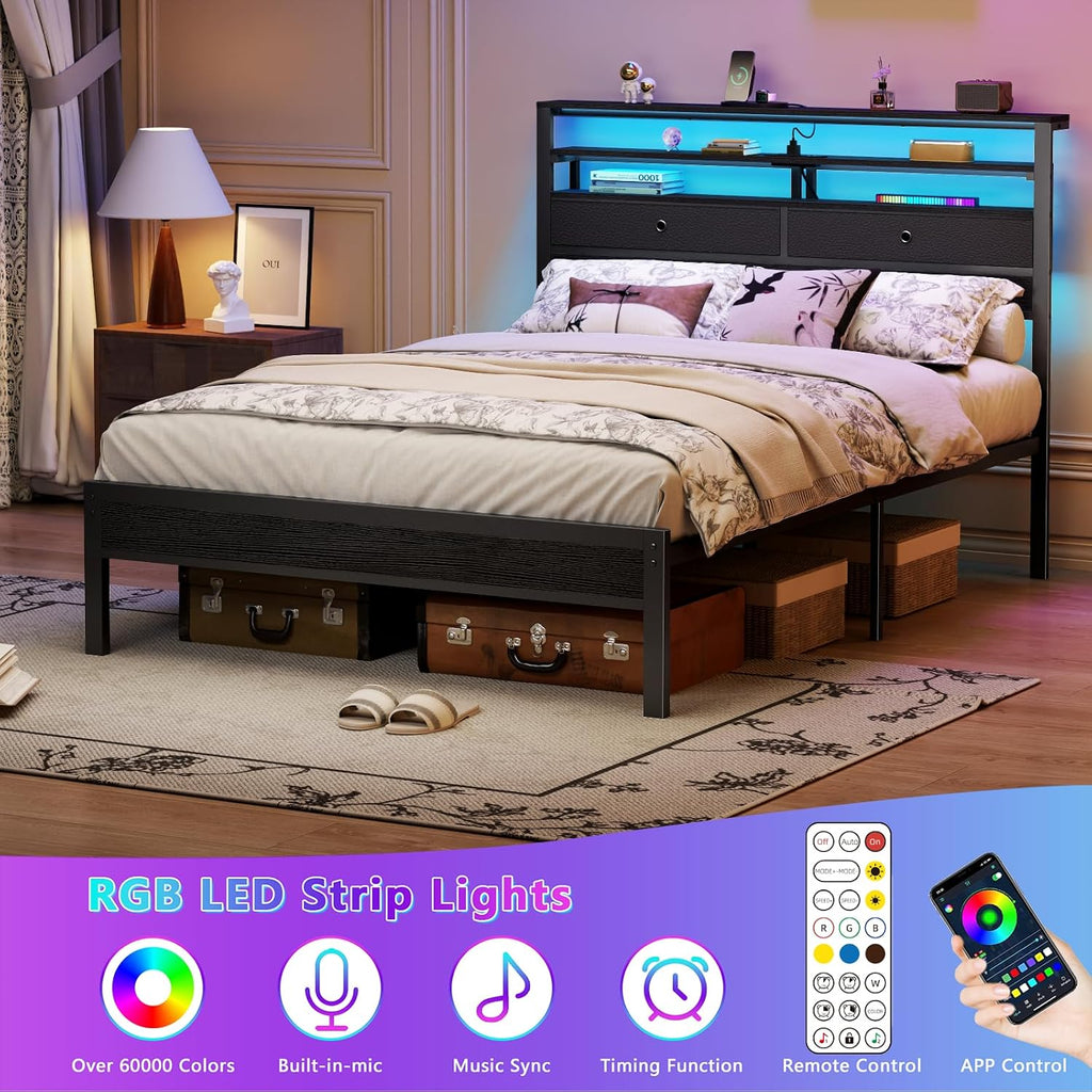 Furnulem Full Size Bed Frame with Headboard, 3-Tier Storage Shelves & 2 Fabric Drawers, Built-in Charging Station & RGB LED Lights, Metal Slat Support, No Box Spring Needed, Easy Assembly, Black Oak