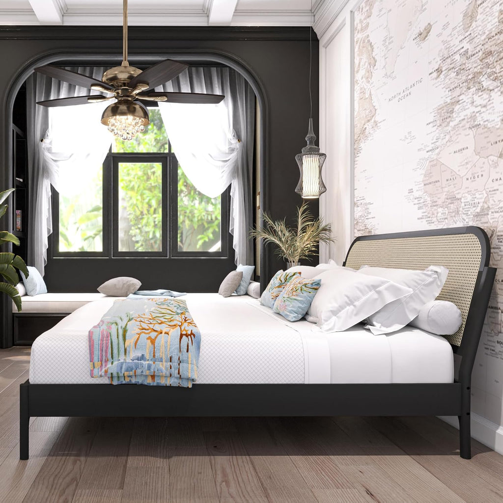 Bme Aurelia King Bed Frame, Solid Acacia Wood, Boho & Mid-Century Modern Style, Rattan Headboard, US Patent Pending Design, Slat Support and No Box Spring Needed, 800 lbs Support, Easy Assembly, Black