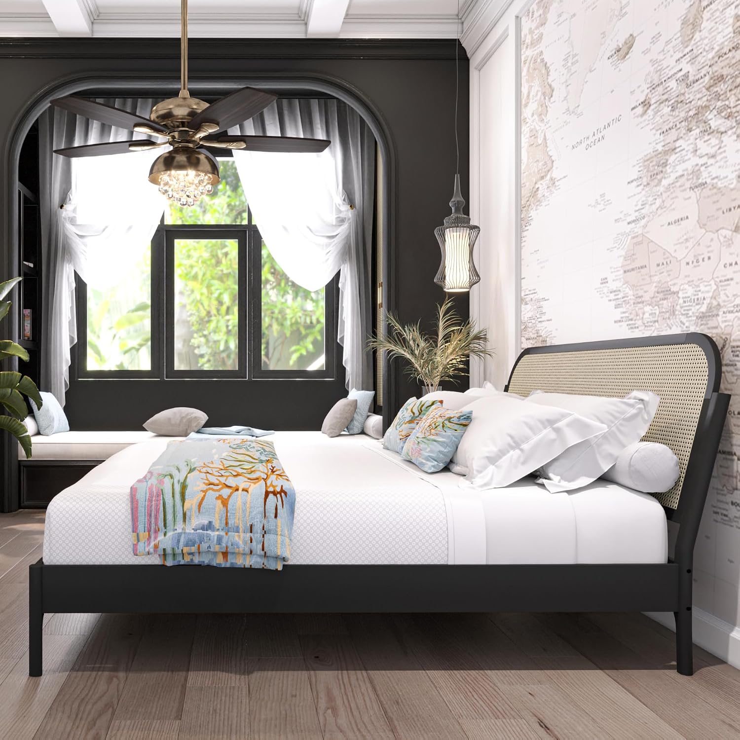 Bme Aurelia King Bed Frame, Solid Acacia Wood, Boho & Mid-Century Modern Style, Rattan Headboard, US Patent Pending Design, Slat Support and No Box Spring Needed, 800 lbs Support, Easy Assembly, Black