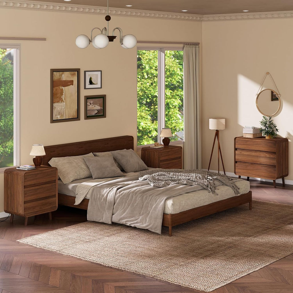Nasonet Mid Century Modern Dresser and Nightstand Sets 3 Piece, Wooden 3 Drawer Dresser and 3 Drawer Nightstands Sets of 2, Walnut Bedroom Furniture Set