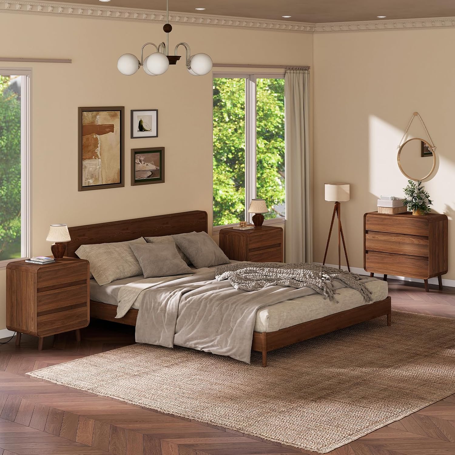 Nasonet Mid Century Modern Dresser and Nightstand Sets 3 Piece, Wooden 3 Drawer Dresser and 3 Drawer Nightstands Sets of 2, Walnut Bedroom Furniture Set