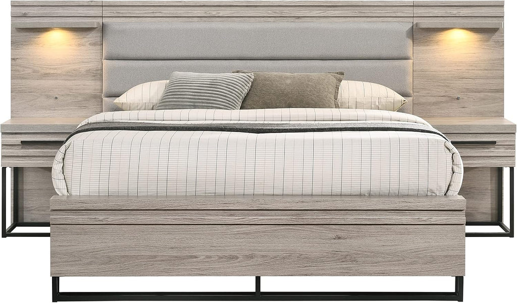 Roundhill Furniture Alvear Upholstered Wood Wallbed Bed with White LED Lights, 2 Nightstand, Queen, Weathered Gray