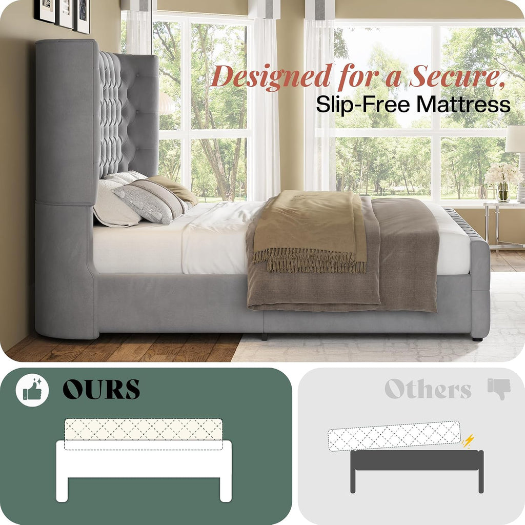 Jocisland California King Size Platform Bed Frame, 6.3' Thick Upholstered Curved Wingback Headboard and Footboard with Deep Button Tufted, No Box Spring Needed, Easy Assembly, Light Grey Velvet