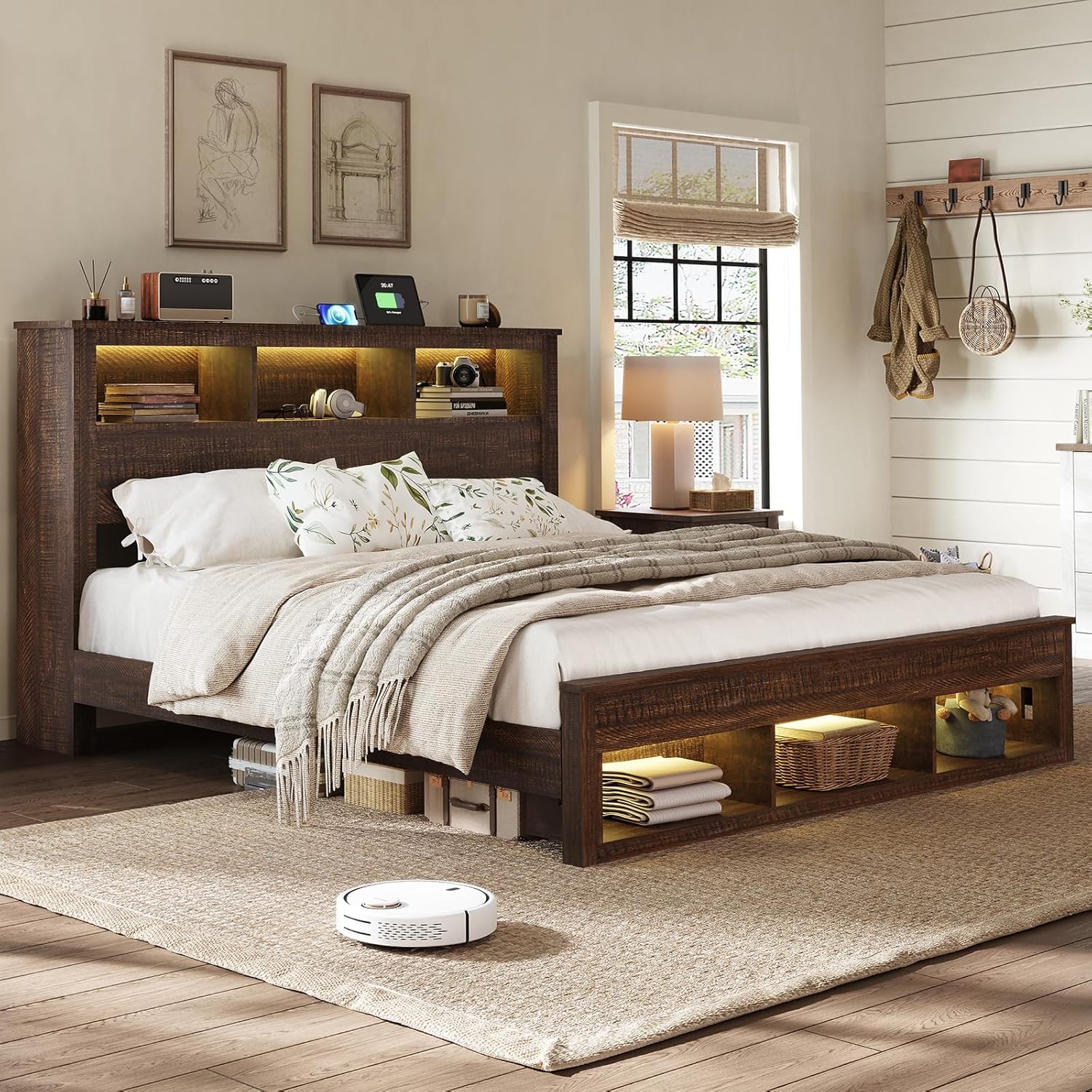 Albott Farmhouse Full Size Bed Frame with Storage/Bookcase Headboard & Footboard, Wood Platform Bed with LED Lights/Charging Station, Heavy-Duty Metal Support/No Box Spring Needed/Noise-Free, Brown