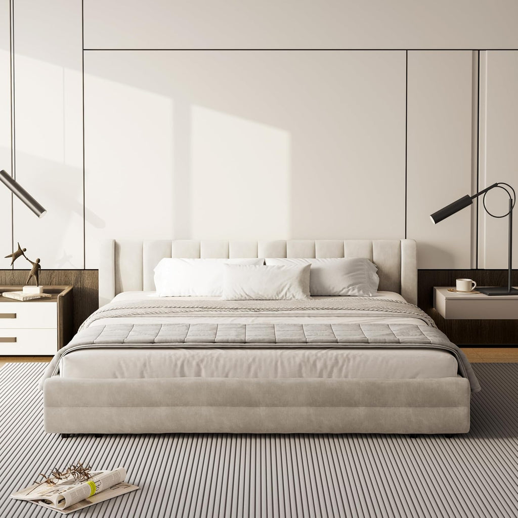 DEINPPA King Size Bed Frame with 4 Storage Drawers and Cloud Soft Headboard, Chenille Upholstered Grounded Wood Base Bed Frame, No Box Spring Needed-Beige