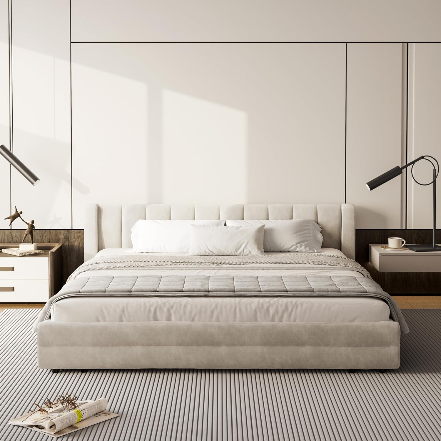 DEINPPA King Size Bed Frame with 4 Storage Drawers and Cloud Soft Headboard, Chenille Upholstered Grounded Wood Base Bed Frame, No Box Spring Needed-Beige