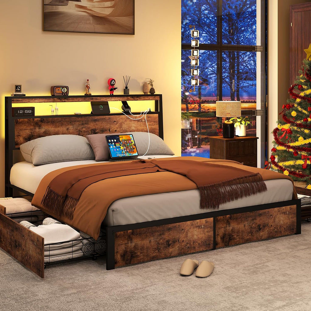 SADENICEL Queen Bed Frame with Storage Headboard and 4 Drawers, Metal Platform Bed Frame with LED Light, Charging Station, No Box Spring Needed, Noise Free, Easy Assembly, Vintage Brown