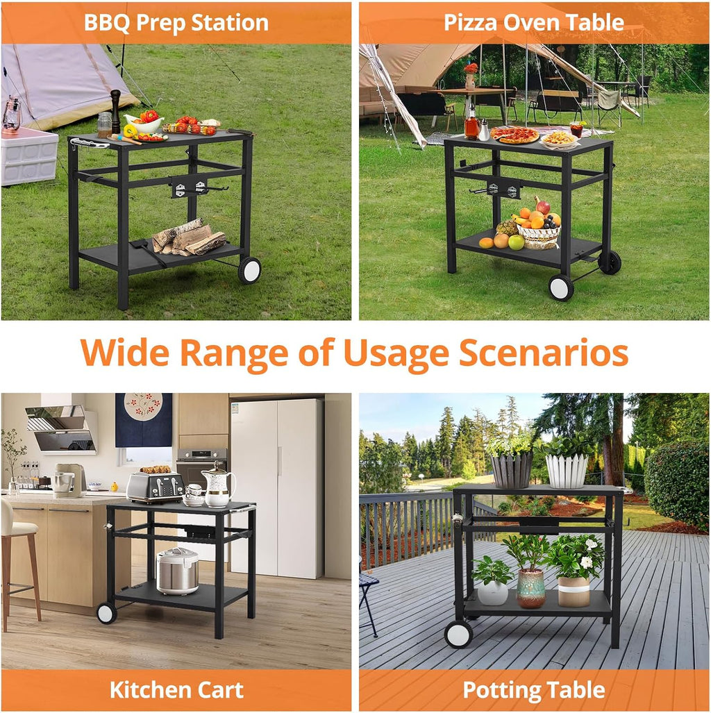 Garvee Grill Cart, Pizza Oven Stand, BBQ Prep Table with Wheels & Hooks, Side Handle, Double-Shelf Grilling Cart Tabletop Griddle Cooking Station for Bar, Patio, Camping, Home (Black)