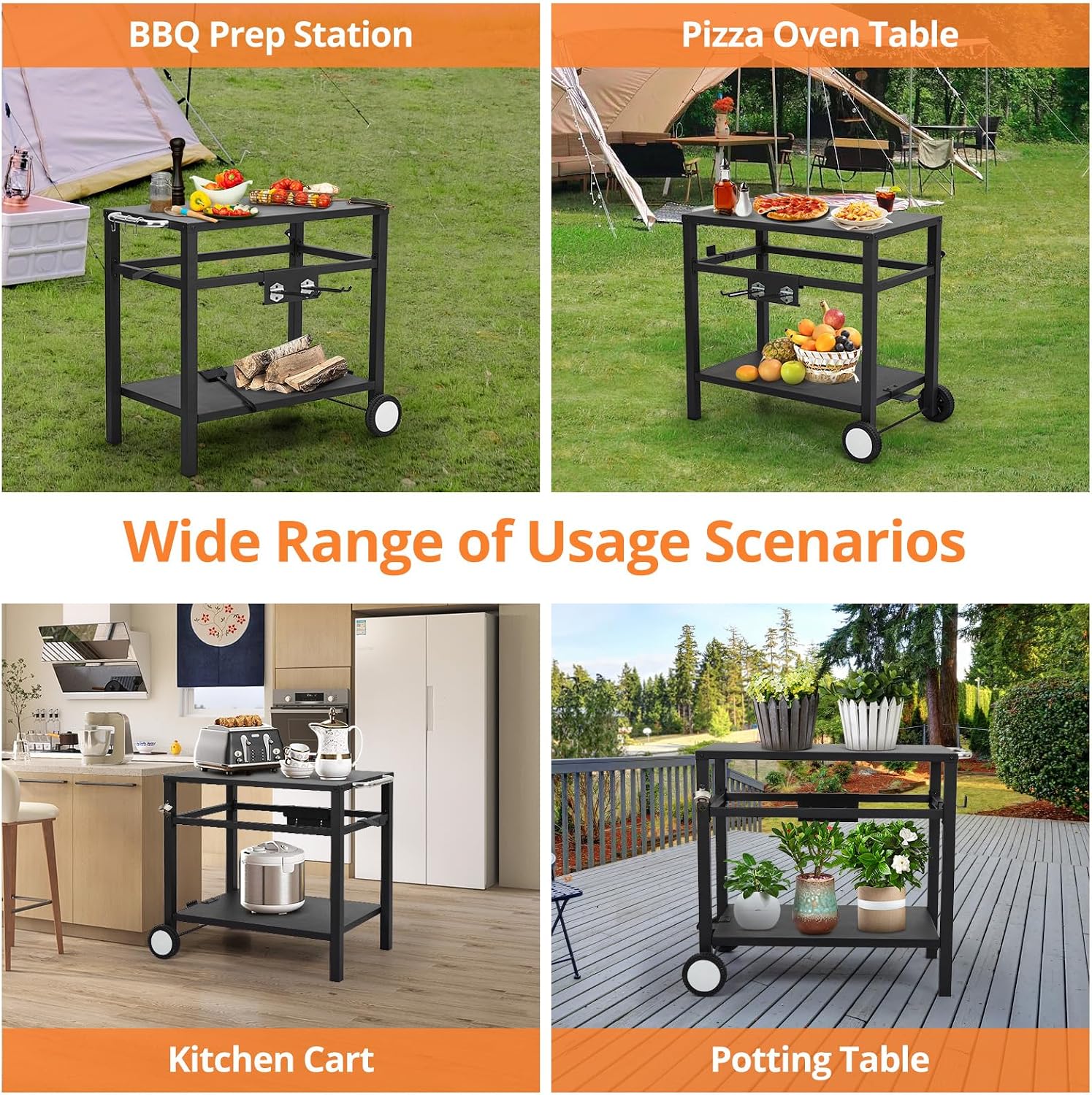 Garvee Grill Cart, Pizza Oven Stand, BBQ Prep Table with Wheels & Hooks, Side Handle, Double-Shelf Grilling Cart Tabletop Griddle Cooking Station for Bar, Patio, Camping, Home (Black)