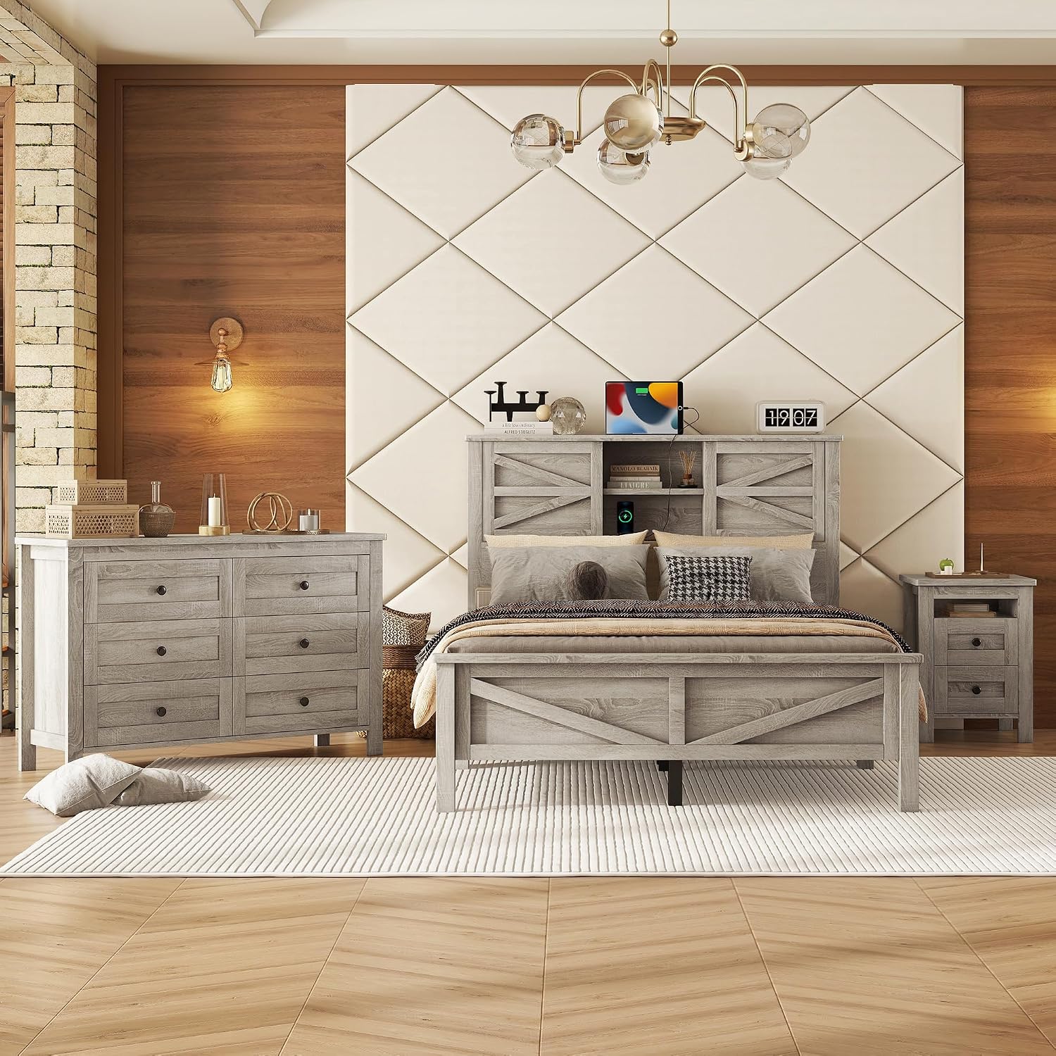 SOFTSEA 3 Pieces Bedroom Furniture Set - Farmhouse Style Bedroom Set Include Full Size Platform Bed with Barn Door Headboard and Nightstand and Dresser, Gray