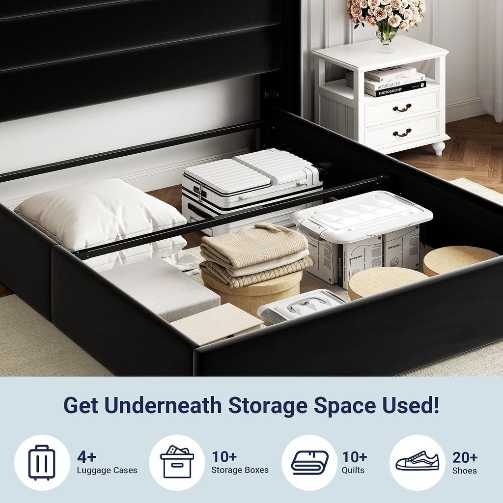 Allewie Queen Size Velvet Lift Up Storage Bed, Modern Wingback Headboard, Hydraulic Support, No Box Spring Needed, Black