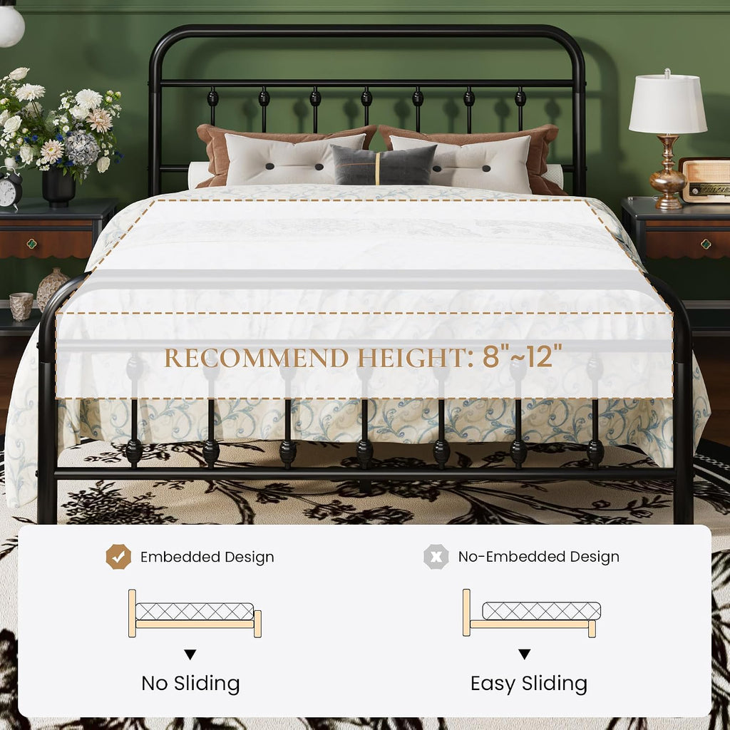 SHA CERLIN Full Size Metal Platform Bed Frame with Victorian Style Iron-Art Headboard and Footboard, Easy Assembly, Under Bed Storage, No Box Spring Required, Black