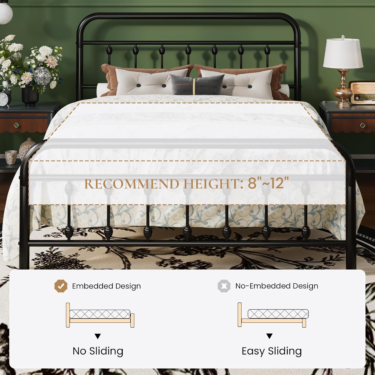 SHA CERLIN Full Size Metal Platform Bed Frame with Victorian Style Iron-Art Headboard and Footboard, Easy Assembly, Under Bed Storage, No Box Spring Required, Black