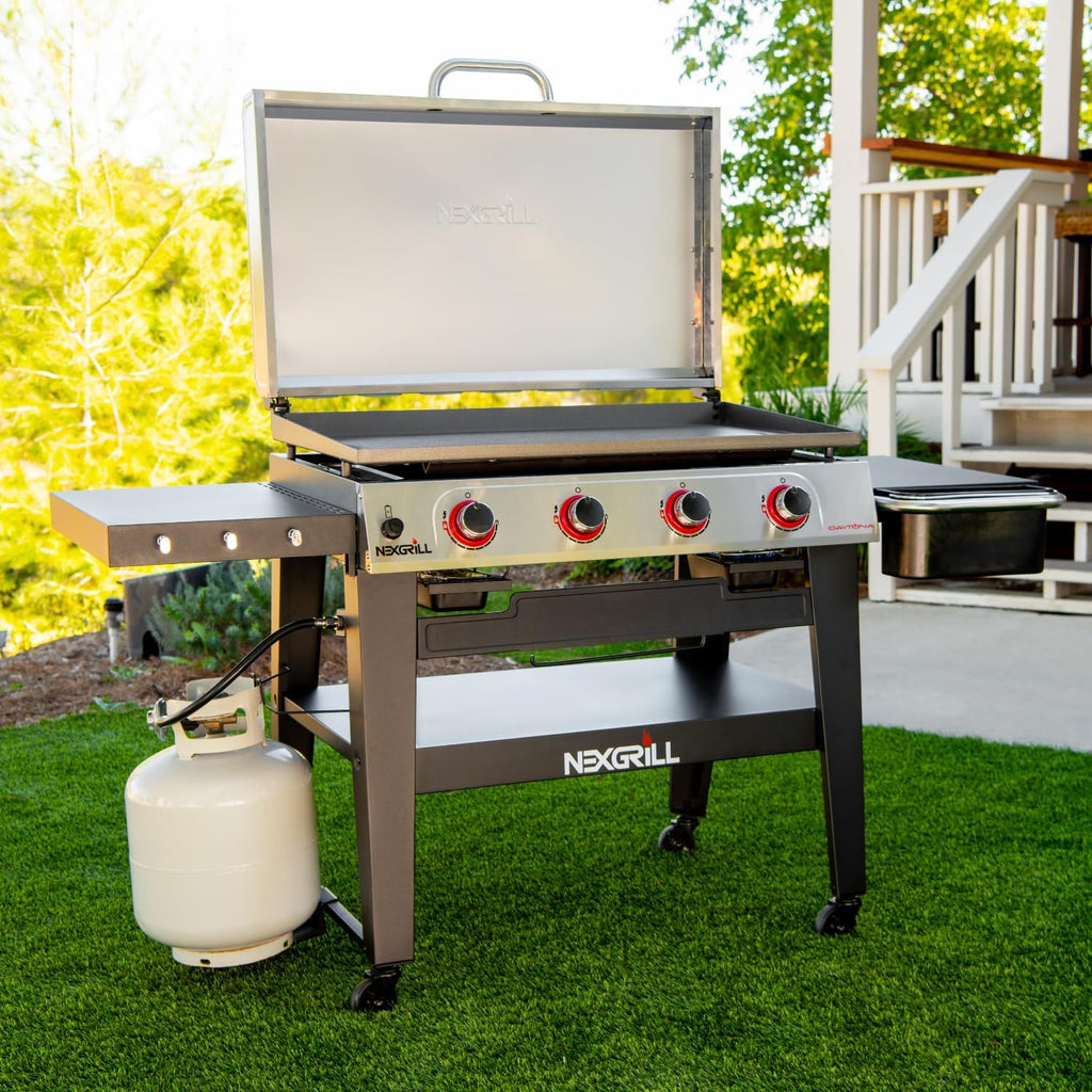 Nexgrill Daytona 4-Burner Propane Gas Griddle with Side Tables, 60000 BTU Flat Top Grill, 756 SQ In. Hot-Rolled Steel Cooking Space, Outdoor Cooking Barbeque, Black with Stainless Steel Lid - 720-1058