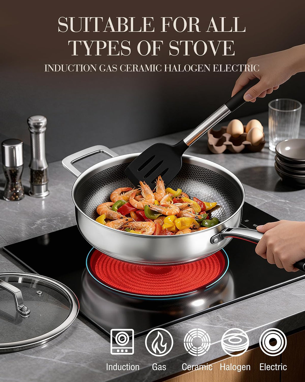 FogDream Titanium Non Stick Frying Pan, 10in Tri-Ply Stainless Steel Deep Saute Pan, All-in-One Cookware Set(Spatulas&Steamer), Stay Cool Handle, Dishwasher & Oven-Safe,Induction Compatible,Silver