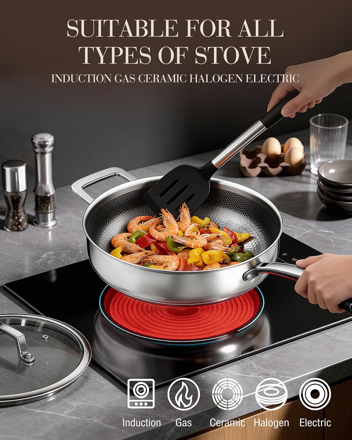 FogDream Titanium Non Stick Frying Pan, 10in Tri-Ply Stainless Steel Deep Saute Pan, All-in-One Cookware Set(Spatulas&Steamer), Stay Cool Handle, Dishwasher & Oven-Safe,Induction Compatible,Silver