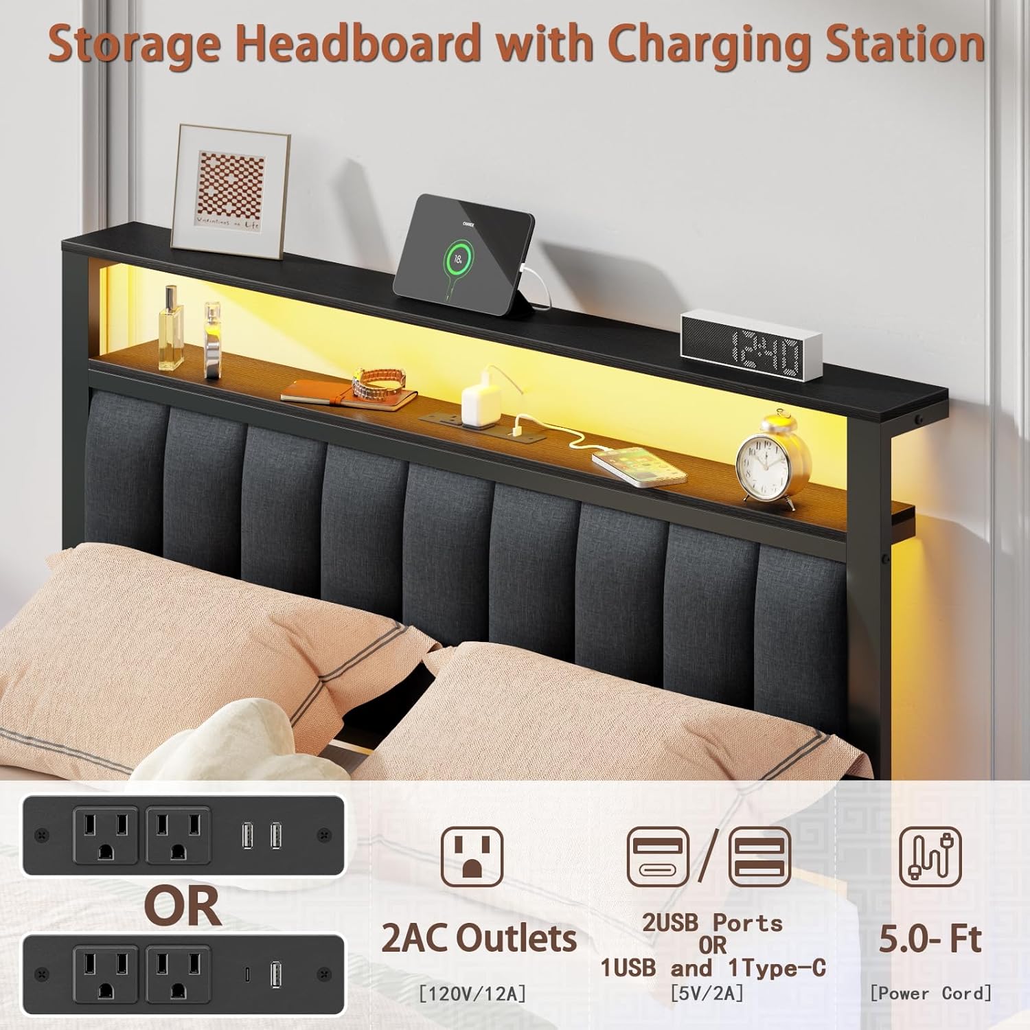 Furnulem Full Size Bed Frame with Charging Station and LED Lights, Platform Bed with Metal Slats, Grey Upholstered Headboard with 2-Tier Storage Shelves, No Box Spring Needed