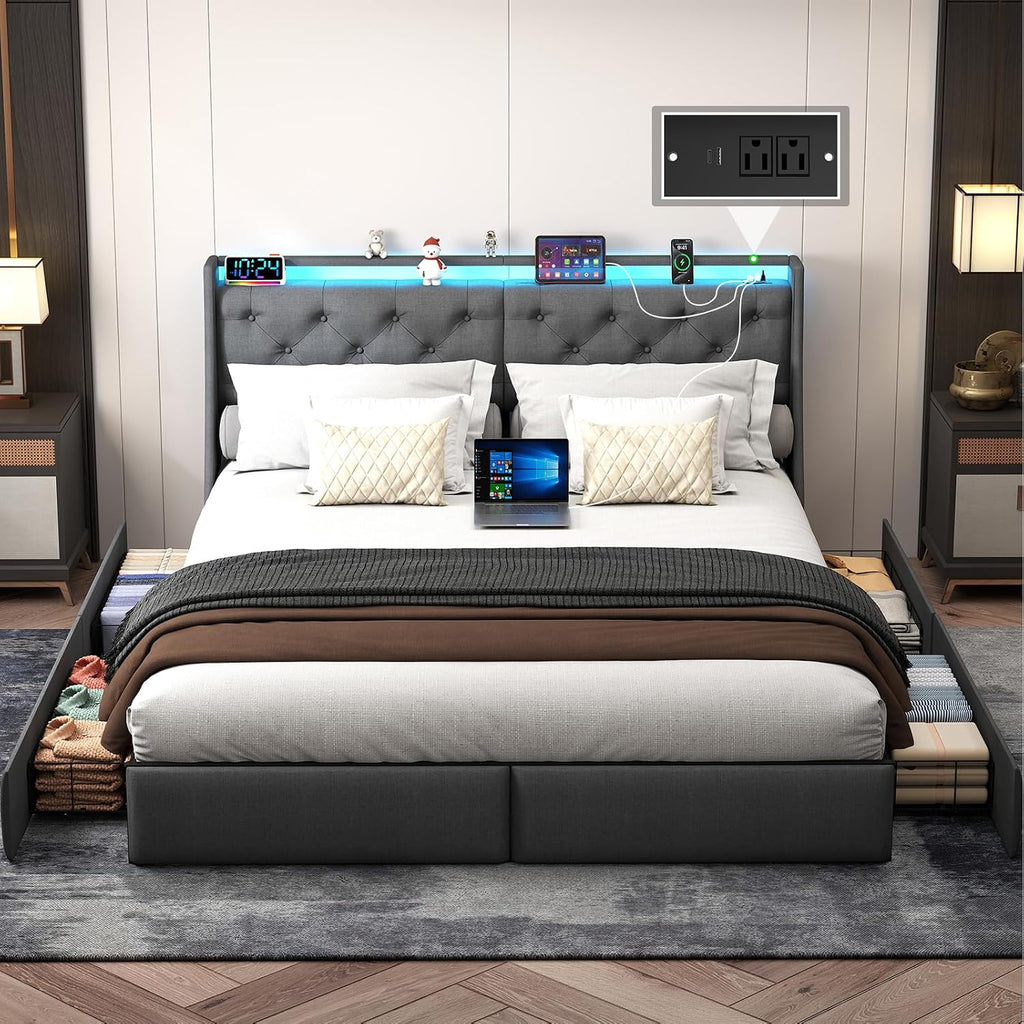 Doltoro King Size Platform Bed Frame with 4 Storage Drawers and LED Headboard, Upholstered King Metal Bed with Charging Station, No Box Spring Needed, Easy Assembly, Gray