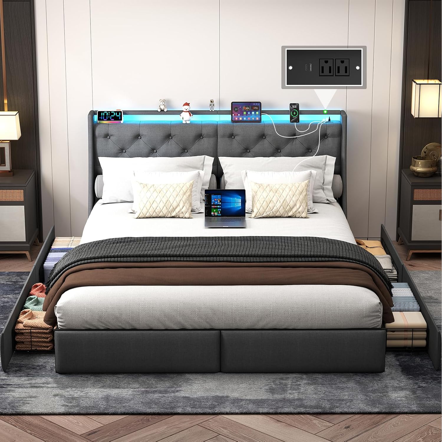 Doltoro King Size Platform Bed Frame with 4 Storage Drawers and LED Headboard, Upholstered King Metal Bed with Charging Station, No Box Spring Needed, Easy Assembly, Gray