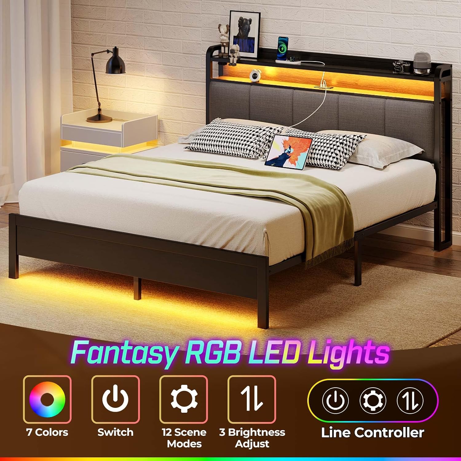 Rolanstar Queen Bed Frame with LED Lights, Upholstered Headboard, Charging Station, Storage Shelves, Heavy Duty Metal Slats, No Box Spring Needed, Noise Free, Easy Assembly, Grey