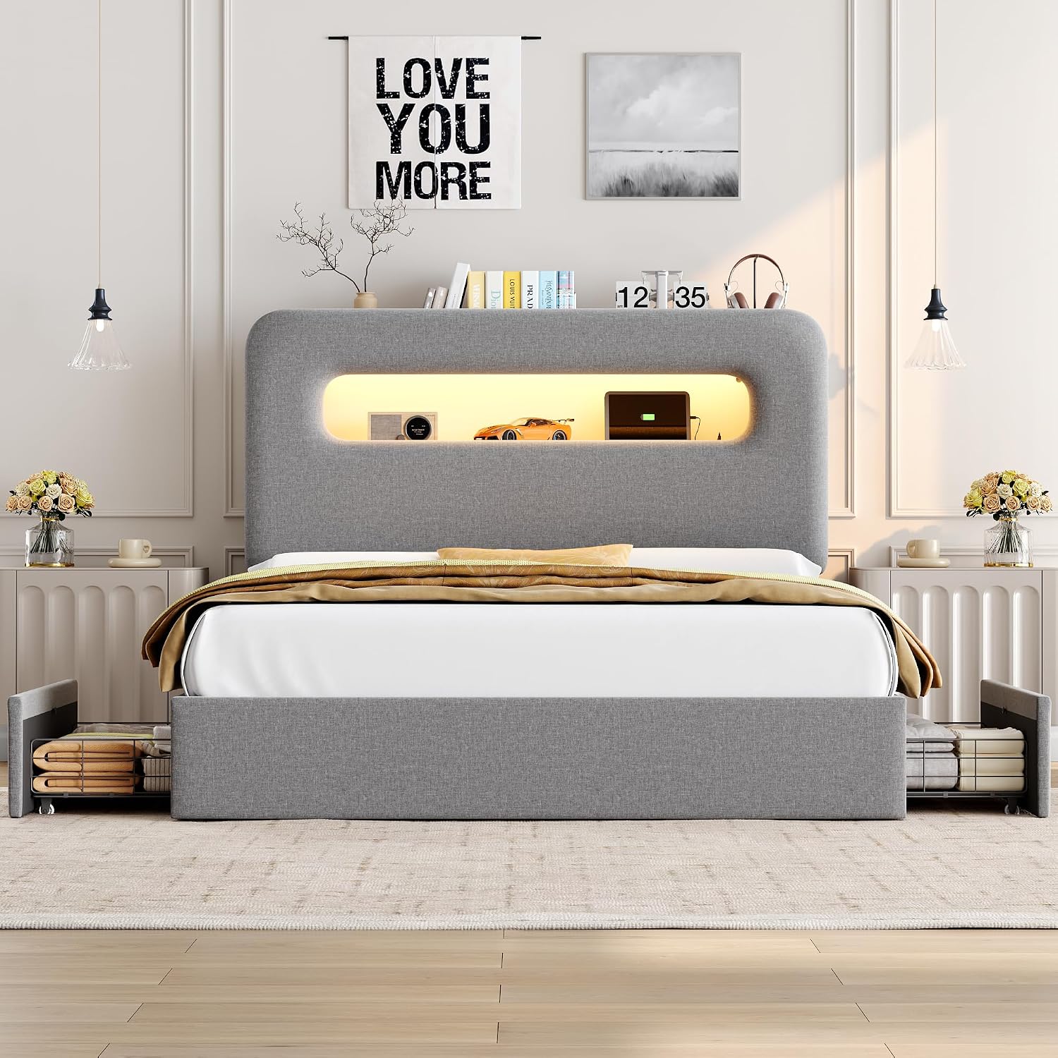 HOSTACK Queen LED Bed Frame with Storage Headboard and Charging Station, Boys Bed Frame with 2 Drawers and USB Ports, Velvet Upholstered Platform Bed Frame with Bookcase, No Box Spring Needed, Grey