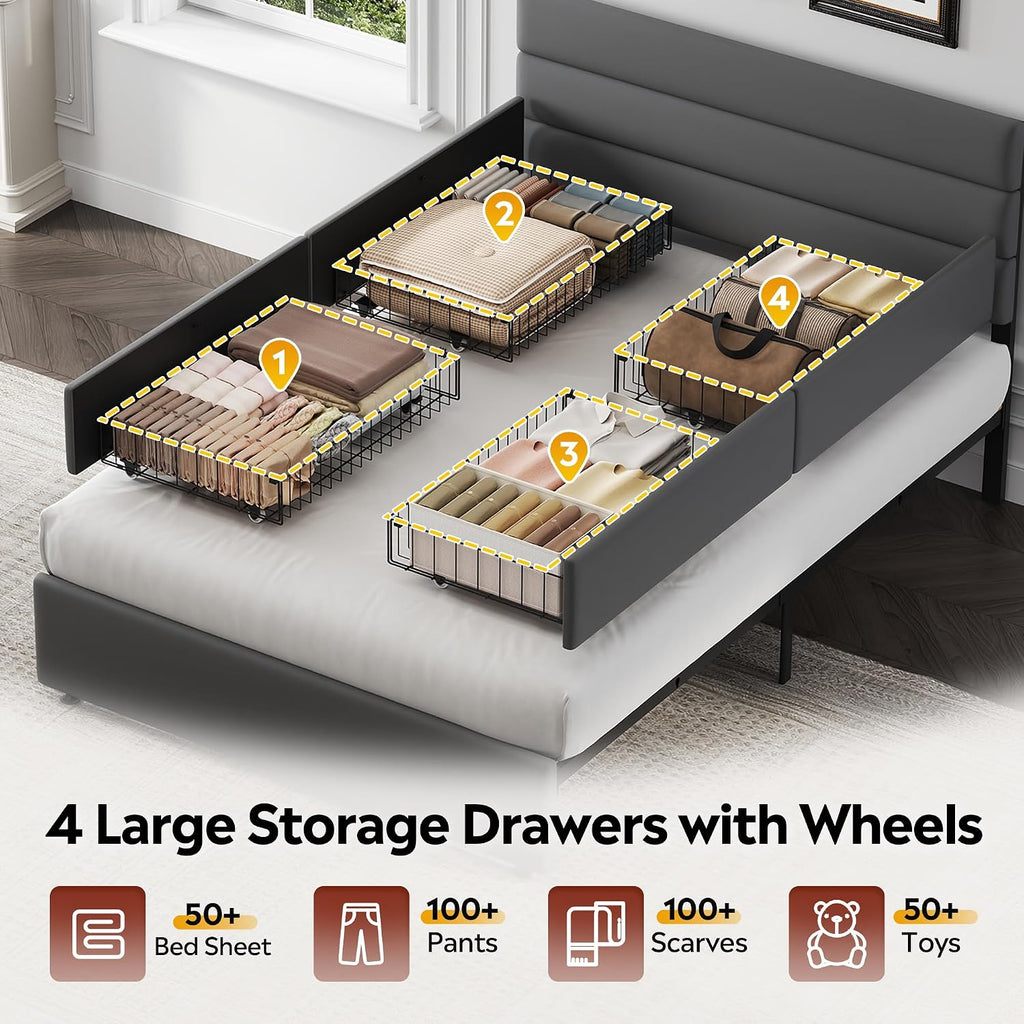 WLIVE Full Size Upholstered Bed Frame with 4 Storage Drawers and Headboard, Velvet Platform Bedframe, Sturdy Metal & Wooden Slats Support, No Box Spring Needed, Easy Assembly, Dark Grey
