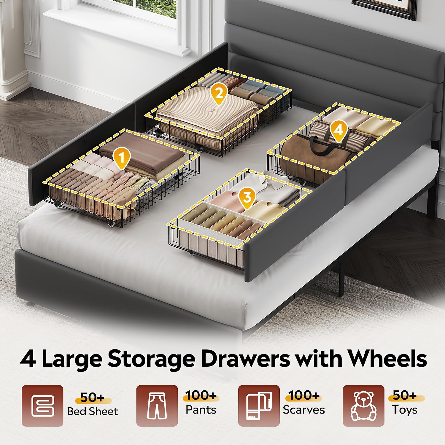 WLIVE Full Size Upholstered Bed Frame with 4 Storage Drawers and Headboard, Velvet Platform Bedframe, Sturdy Metal & Wooden Slats Support, No Box Spring Needed, Easy Assembly, Dark Grey