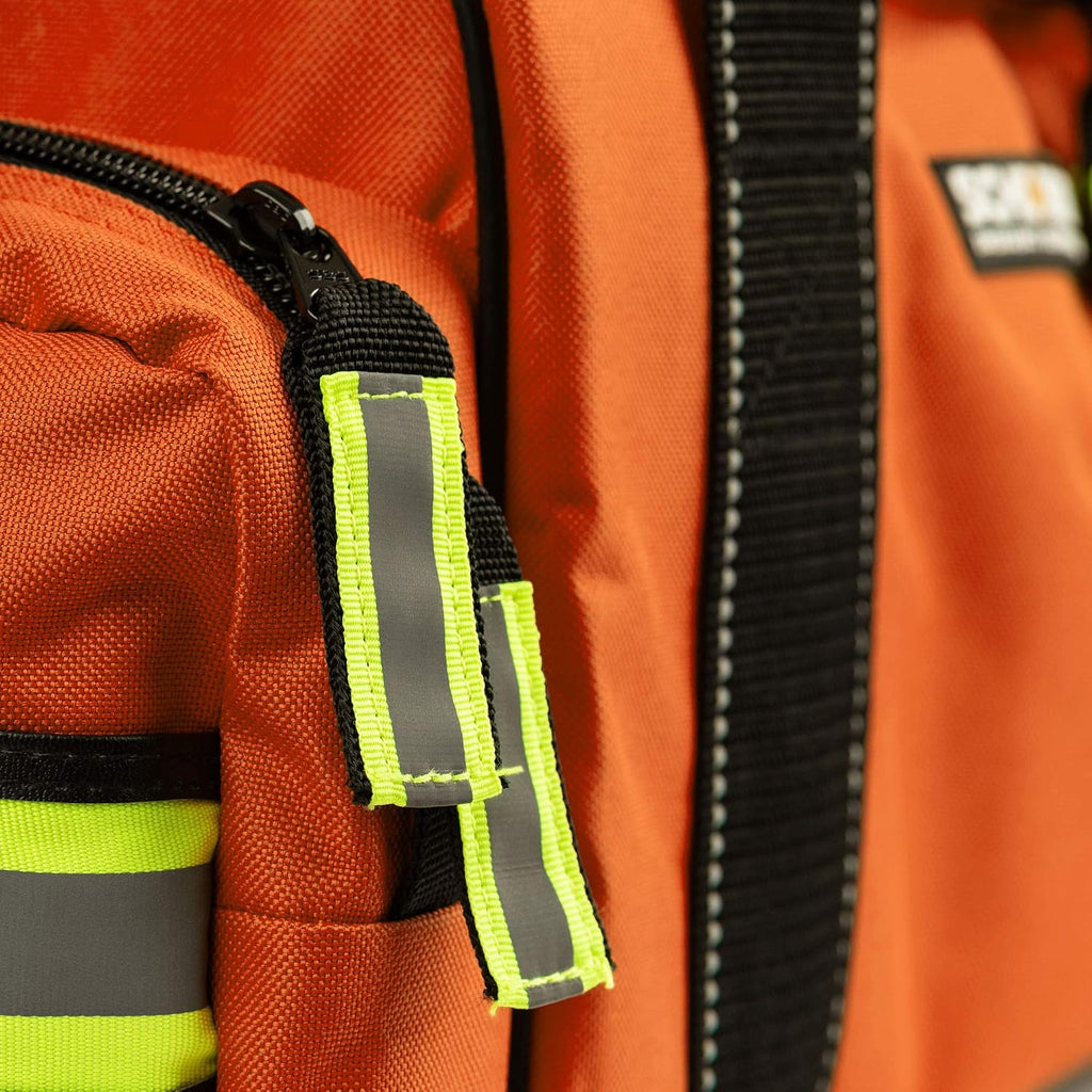 Scherber First Responder Fully-Stocked Large Professional Essentials EMT/EMS Trauma Kit | HSA/FSA Approved | Reflective Bag w/8 Zippered Pockets & Compartments & 250+ First Aid Supplies (Orange)