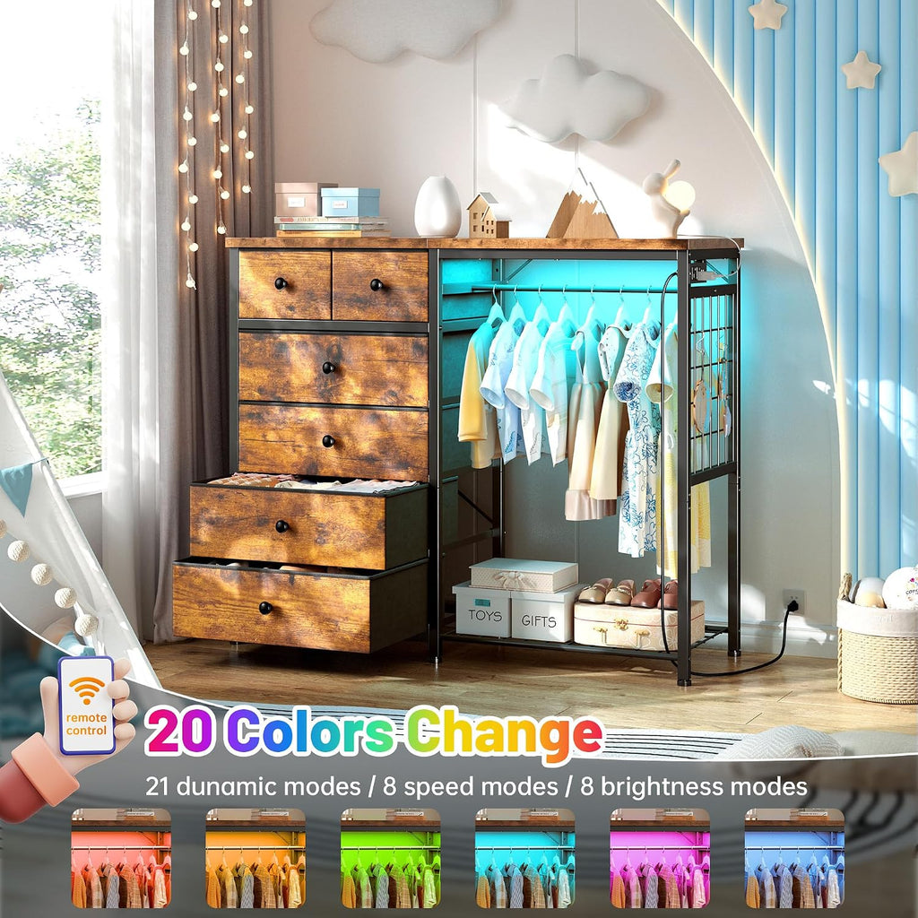 EnHomee 49.2' W Dresser with Hanging Rack & 6 Fabric Drawers – Wooden Top Organize Unit Featuring LED Lights, Charging Station & Grid Panel & Hooks for Bedroom, Rustic Brown