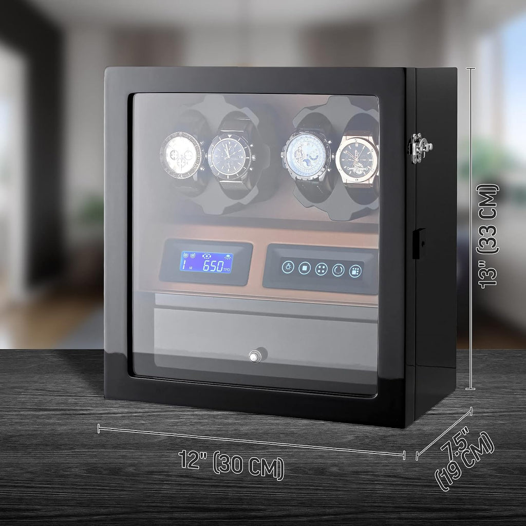 4 Watch Winder with 5 Watch Storage Space, LCD Display, Touch Control and Interior Light