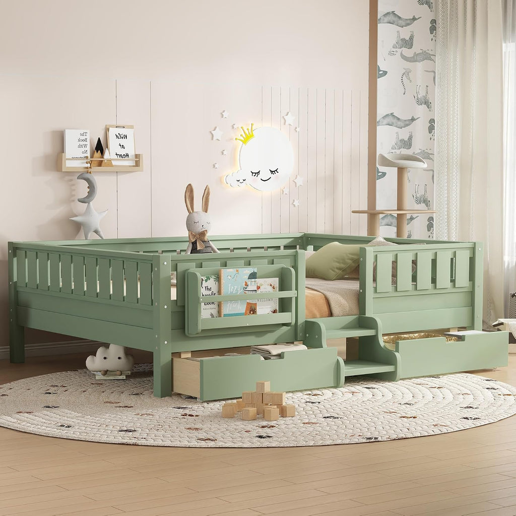 Bellemave Queen Size Montessori Bed with Stairs, Rails and Slats, Queen Size Montessori Floor Bed with Bookshelf and 2 Storage Drawers, Easy Assemble Beds Frame for Girls, Boys, Avocado Green