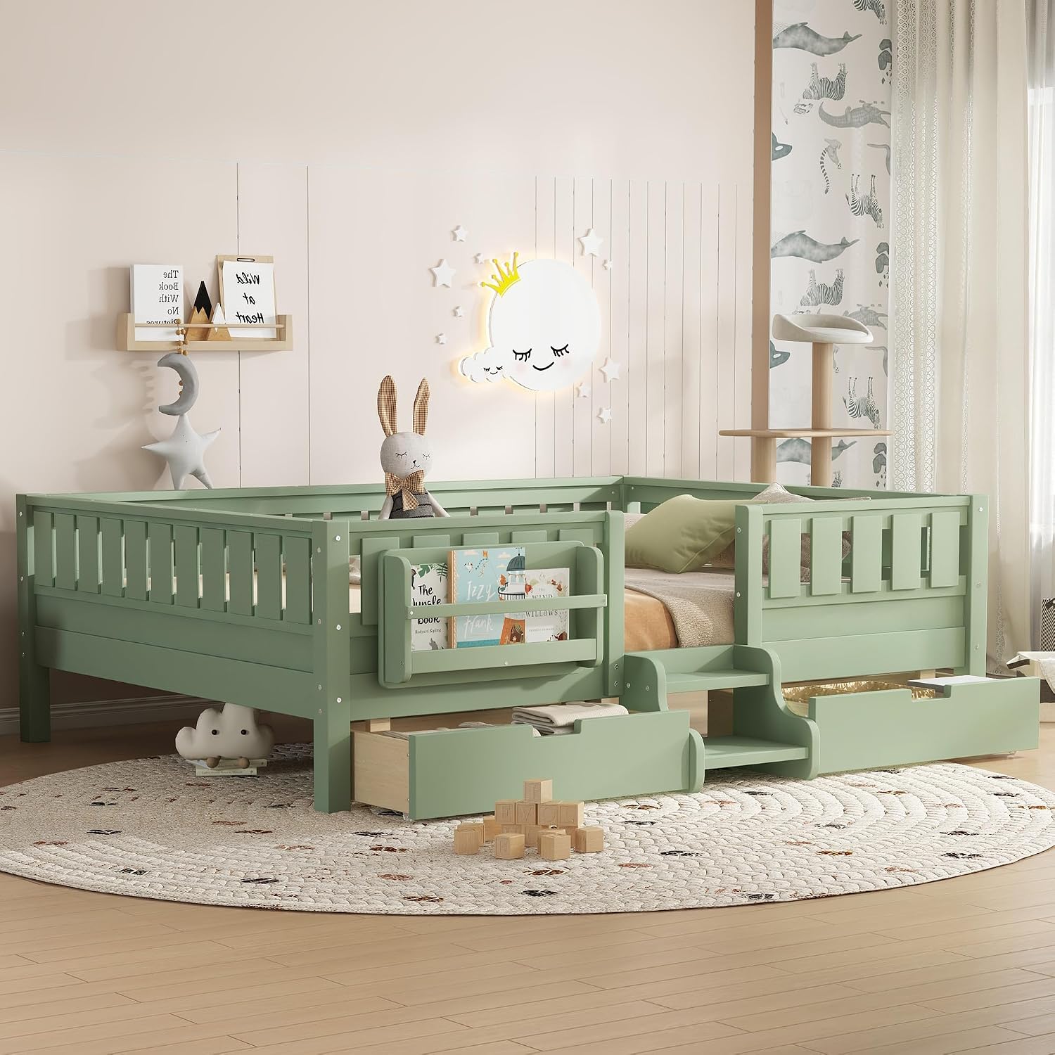Bellemave Queen Size Montessori Bed with Stairs, Rails and Slats, Queen Size Montessori Floor Bed with Bookshelf and 2 Storage Drawers, Easy Assemble Beds Frame for Girls, Boys, Avocado Green