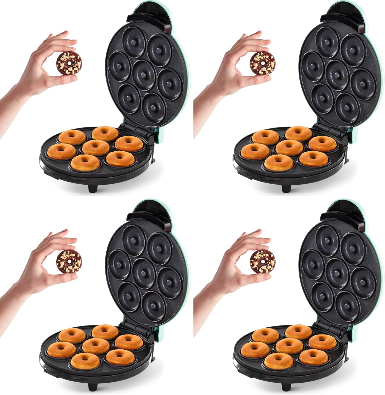 Dash Express Mini Donut Maker - Homemade Dessert Maker - Features Double-Sided,Non-Stick Surface & Space-Saving Design - Makes 7 - Aqua,(Pack of 4)