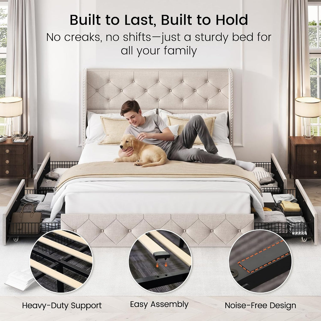 LARMACE Full Size Bed Frame with 4 Storage Drawers and Wingback Headboard Linen Upholstered Platform Bed Frame Tufted Beds with Wooden Slats Support, Easy Assembly, Beige