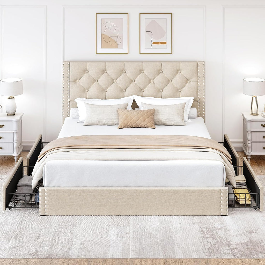 LARMACE Full Size Bed Frame with 4 Storage Drawers and Tufted Headboard Linen Upholstered Platform Bed Frame with Heavy Duty Wood Slats,No Box Spring Needed,Easy Assembly,Beige
