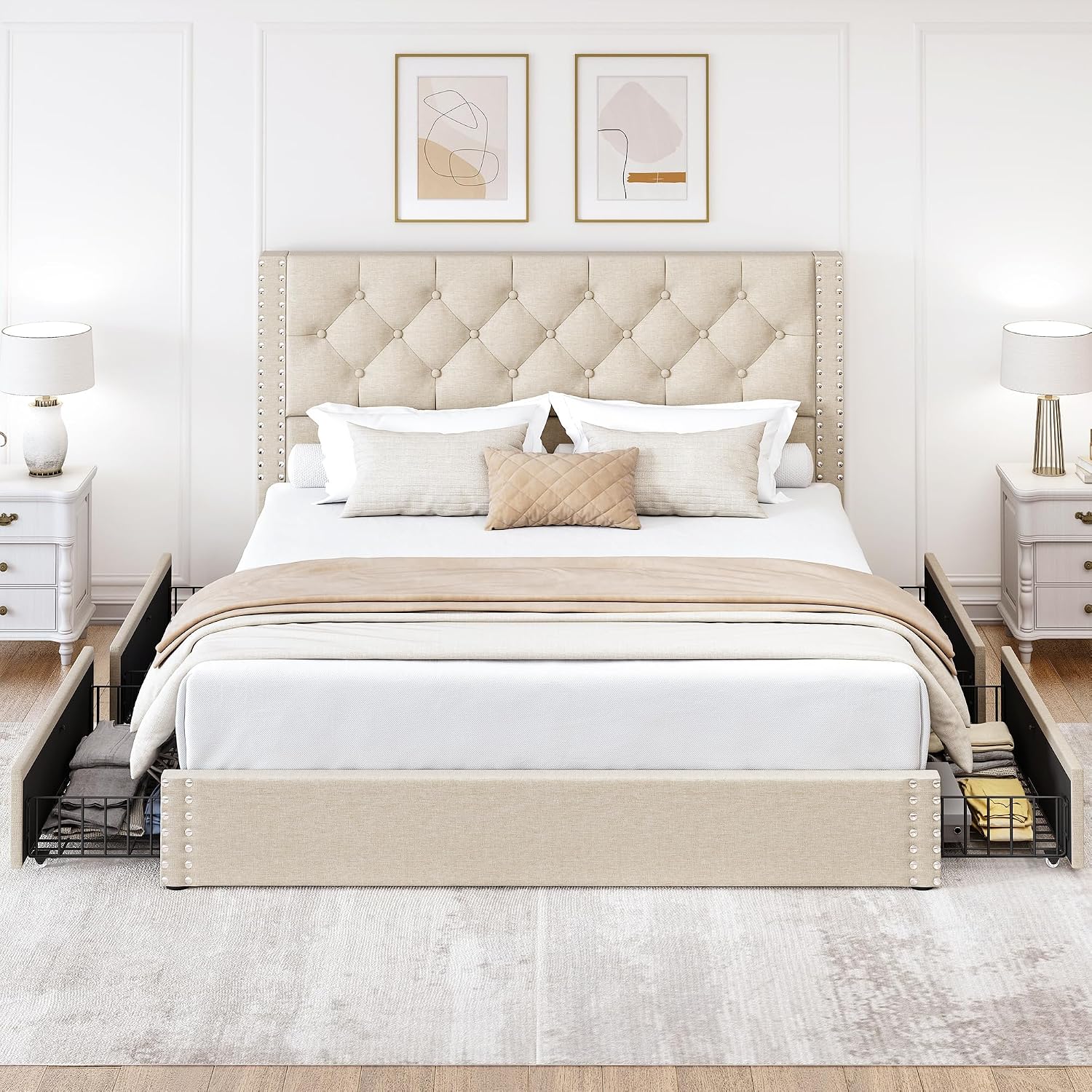 LARMACE Full Size Bed Frame with 4 Storage Drawers and Tufted Headboard Linen Upholstered Platform Bed Frame with Heavy Duty Wood Slats,No Box Spring Needed,Easy Assembly,Beige
